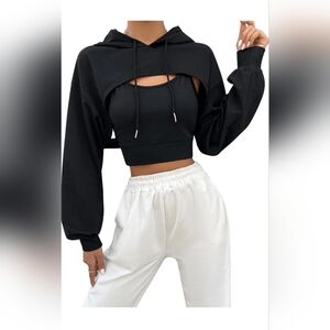 Black Crop Hoodie Sweatshirt Top Sz Medium